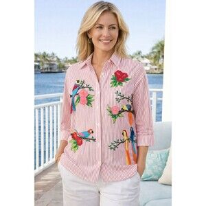 Bechamel Petite Medium Embroidered Parrot Floral Stripe Shirt Resort Birds...